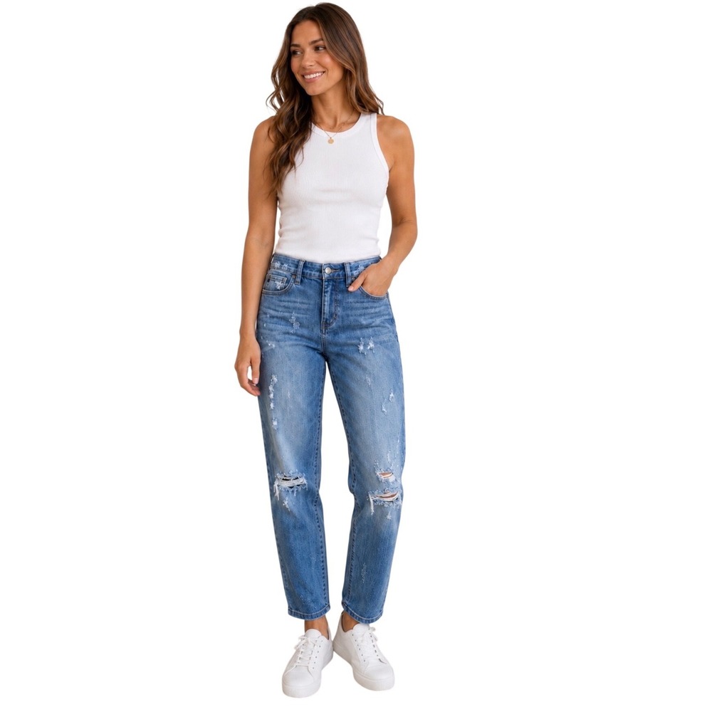 Judy Blue Relaxed Fit Distressed Skinny Jeans Medium Wash Paint Splatter 5/27